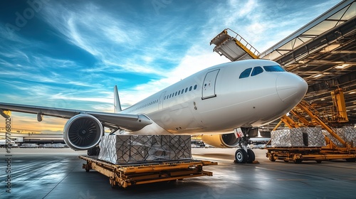 Aircraft Loading Cargo in Preparation for Flight. Large aircraft is being loaded with palletized cargo, highlighting the efficiency and scale of air freight operations in global logistics.