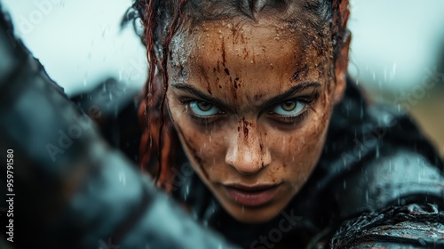 A woman clad in armor in a rainy scene, her face smeared with mud, exuding a fierce and determined expression, representing strength, struggle, and warrior spirit.