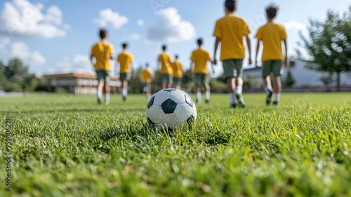 High school sports team practicing on the field, athletic school life