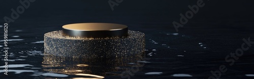 Round stone pedestal with a black cylinder submerged in dark water 3D rendered illustration featuring gold glitter decor Empty base for showcasing products Luxurious golden mockup design