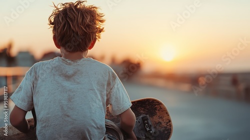 A tranquil image of a young boy with a skateboard, watching the sunset in a serene and peaceful outdoor setting, capturing a moment of calmness and reflection.