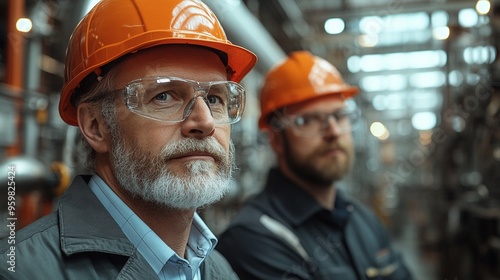 Industrial Expertise: A seasoned engineer and his colleague, clad in safety gear, exude an air of quiet confidence amidst the intricate network of pipes and machinery in a heavy industry setting. 