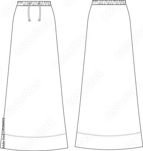 elastic fit drawstring laced long maxi a line skirt template technical drawing flat sketch cad mockup fashion woman design style model 