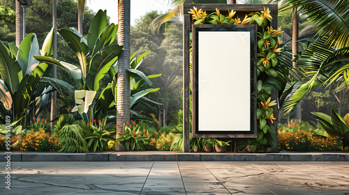 mockup advertisement board concealed by the natural splendor of plants flowers and majestic trees