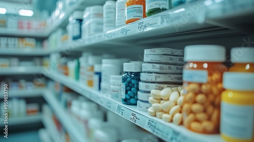 Pharmacy aisle is filled with a variety of medication bottles and pills, ranging from prescription to over-the-counter drugs, all neatly arranged on shelves.