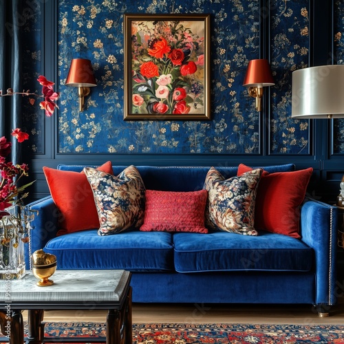 Maximalist interior design with intricate details and vibrant colors in a cozy living room setting.