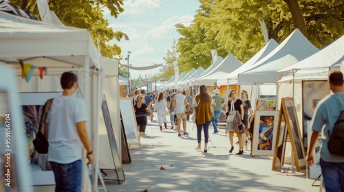 Visitors enjoying an art fair under a canopy of trees and white tents on a sunny day.