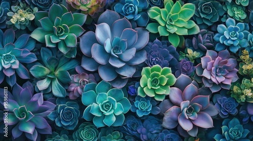 Vibrant botanical background with close-up of colorful succulents for nature-themed designs.