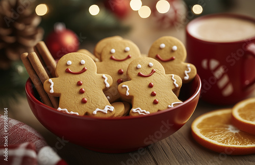 A bowl of gingerbread cookies on a wooden table