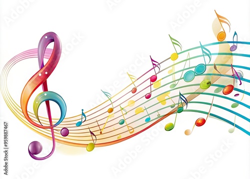 A beautifully illustrated music staff adorned with a variety of colorful notes and treble clef, set against a clean white background with subtle shading.