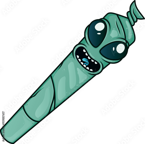 alien UFO Cute funny happy marijuana weed bud with cannabis. Vector flat cartoon character illustration icon design. with graffiti Isolated on white background. Cigarette with a face object sticker