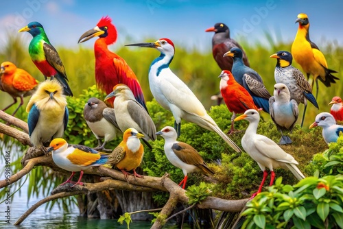 A Collection Of Various Bird Species Perched On A Natural Border Separating Two Distinct Habitats, Showcasing Their Diverse Plumage And Behaviors.