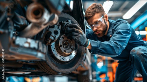 Dedicated Mechanic Carefully Inspecting Brake Pads and Discs for Optimal Vehicle Performance