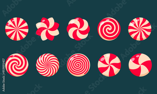 Christmas candy set. Peppermint round candies red and white collection. Assorted striped and swirl caramel without wrapper.