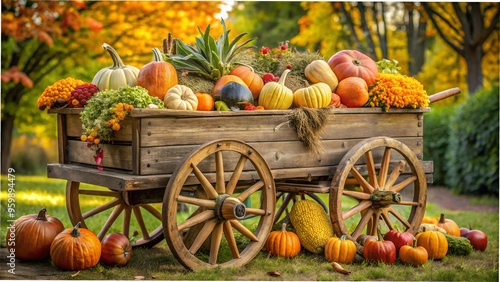 Rustic wagon filled with autumn harvest