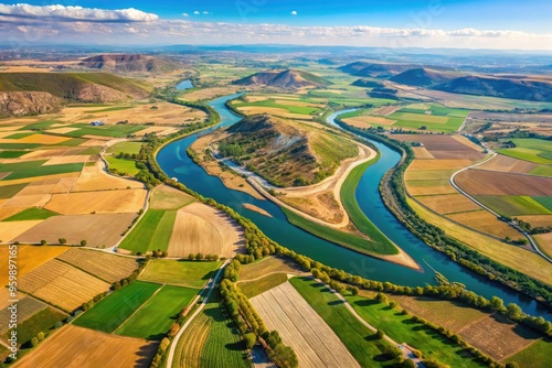 Aerial view of the meandering Ebro River flowing through the fertile plains and rolling hills of northern Spain, illustrated on a detailed topographic map.