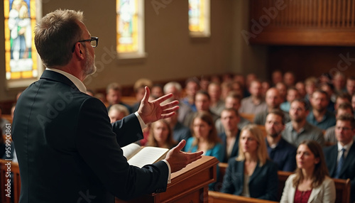 Preacher delivering a Gospel message passionately from the pulpit in a warm church setting.