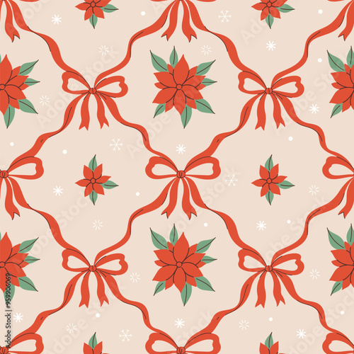 Christmas seamless pattern with bows and red winter flowers. Vector graphics.