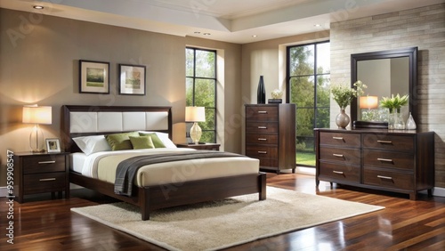 Elegant modern bedroom furniture boasts sleek wenge wood finishes and stylish accents for a sophisticated and refined