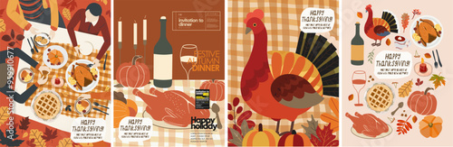 Basic RGBHappy Thanksgiving. Vector illustration of turkey, festive family dinner or lunch with friends at table with food, pumpkin, icons for greeting card, party invitation, background or poster