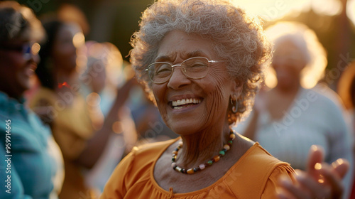 Medium close-up of an elderly woman dancing with friends at a lively outdoor gathering, smiling and clapping.