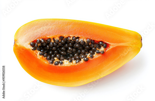 A close-up of a halved papaya with black seeds on a white background.