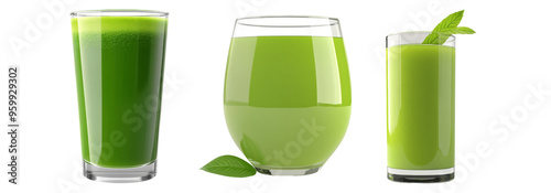 Green juice and smoothies isolated on transparent background, assorted green beverages in glasses.