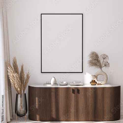 Frame mockup, ISO A paper size. Living room wall poster mockup. Interior mockup with house background. Modern interior design. 3D render