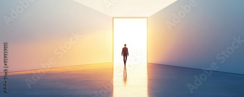 Person walking through an open door into a bright future, symbolizing new beginnings