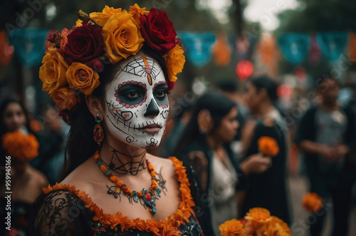 Mujer con maquillaje de Catrina y corona de flores participando en una procesión del Día de Muertos