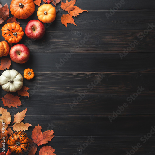 Autumn bottom border banner of pumpkins, gourds and fall decor on a rustic wood background with copy space/banner/design/wallpaper