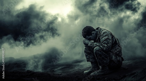 A sad and tired soldier sitting.