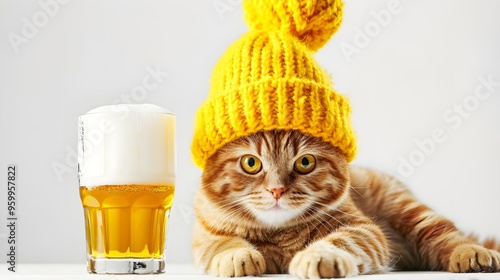 A cat in a party hat sits next to a glass of beer