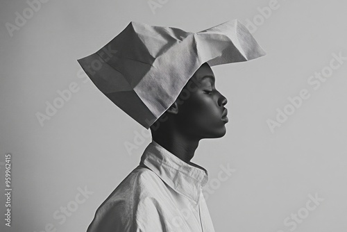 Minimalist fashion shoot, novel unconventional outfit, monochromatic backdrop, bizarre quirky attire, extraordinary shapes, atypical textures, defying fashion norms, rarity, unusualness