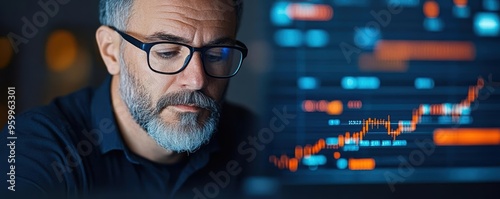 Business analyst reviewing a digital debt forecast graph with projected growth, highlighting future financial trends