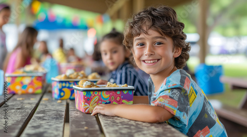 Children at a wooden table outdoors eating from lunch boxes with space for text, created with Generative AI technology