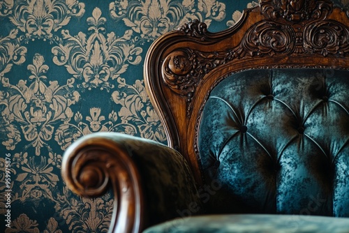 Close-up of an ornate vintage armchair with carved wooden details and luxurious fabric upholstery against a richly patterned wallpaper, embodying classic elegance and heritage decor