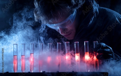 Sinister scientist in a dark, smoky laboratory with glowing test tubes, embodying the intensity and unpredictability of groundbreaking experiments