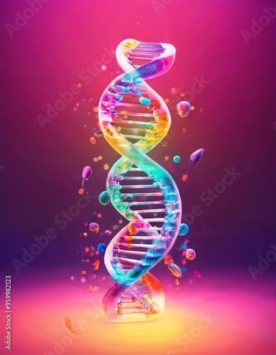 A vivid, multicolored DNA strand spirals in a glowing, abstract space. The background features a gradient of pinks, purples, and oranges, enhancing the dynamic and energetic nature of the image