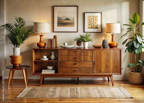 A mid-century modern wooden credenza adds warmth to the living room, its drawers and shelves filled with antique