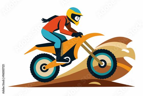 Motor cross champion doing a wheel on a dirt road vector art illustration