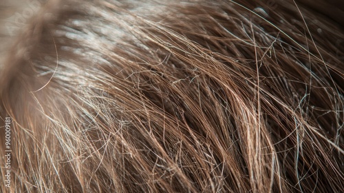 The close-up reveals damaged hair exhibiting frizz, split ends, and dryness under soft natural lighting