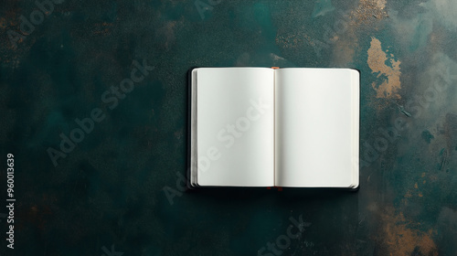 Top view of an open blank notebook placed on a textured, dark green surface. The notebook is centered, with its pages completely empty and ready for writing or drawing.