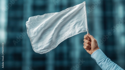 A person holding a white flag in their hand, positioned against a blurred modern building background, symbolizing peace, surrender, or new beginnings in an urban context.