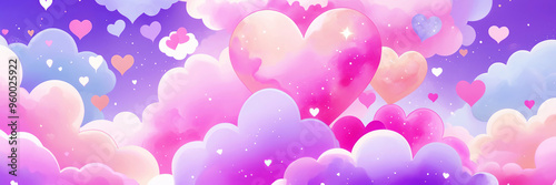 Pastel-toned cloudscape background illustration featuring hearts. Made with generative AI technology