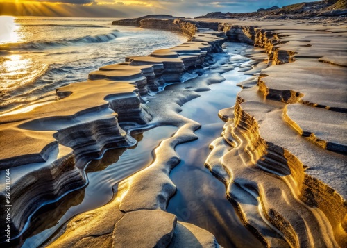 Close-up of a lahar's edge, with the murky waters lapping against the shore, revealing the intricate textures and patterns of the rocks and sediment, bathed in soft, diffused light.