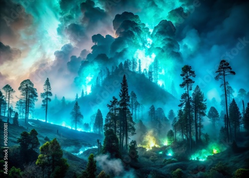 A pyroclastic surge illuminating a dark and misty forest, with an eerie greenish-blue glow casting an otherworldly light on the trees and underbrush