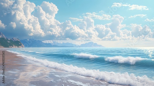 Visualize a serene coastline with fluffy clouds floating above, the calm waves gently rolling onto the shore and the soft light creating a peaceful atmosphere