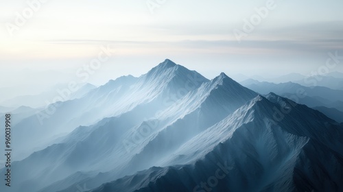 A breathtaking serene mountain range covered in mist during dawn, showcasing the tranquility and pristine nature of the landscape with soft light and shadows.