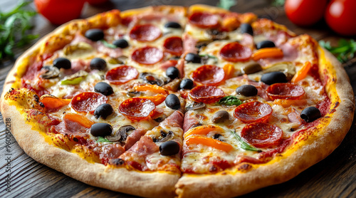 A pepperoni pizza with fresh basil, cherry tomatoes